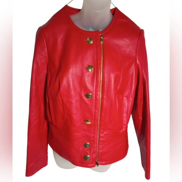 Carlisle Red Genuine Leather Jacket Gold Button Zip Front Classic Blazer Sz 8 - Picture 1 of 6